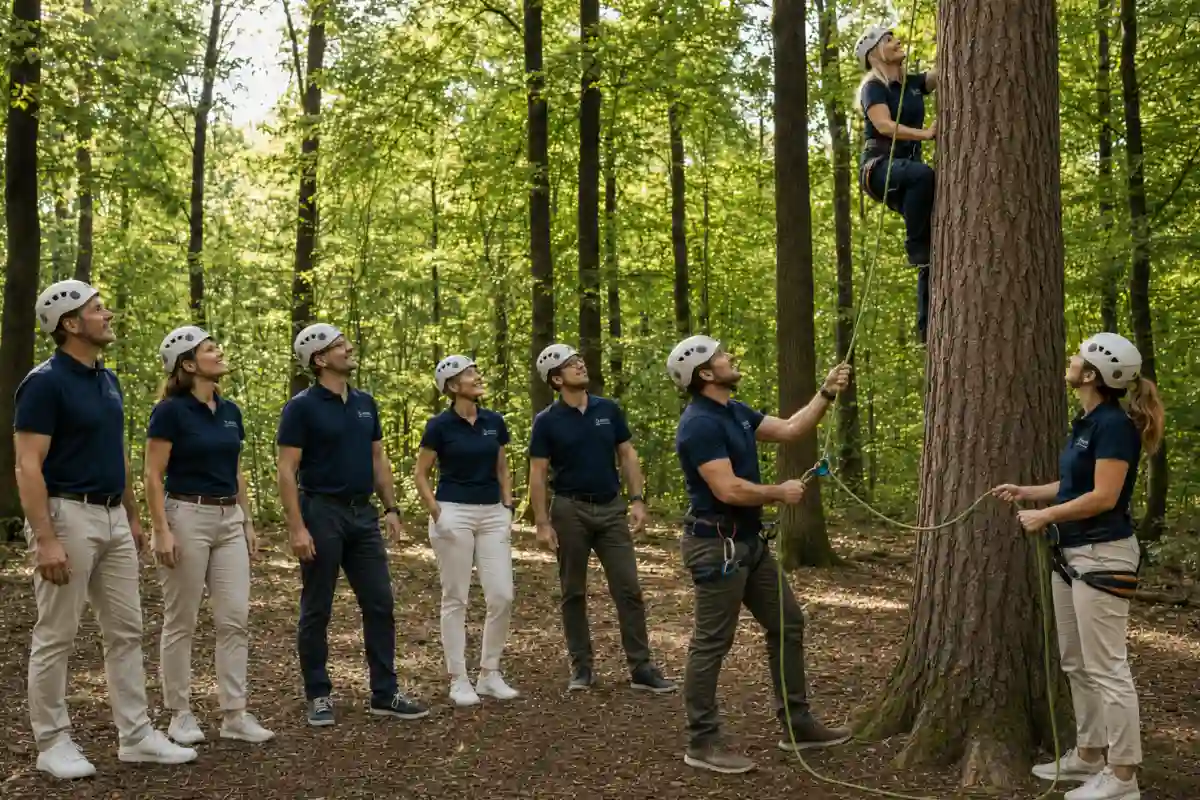 Erwachsenengruppe im Wald bei einer ruhigen Teamaufgabe